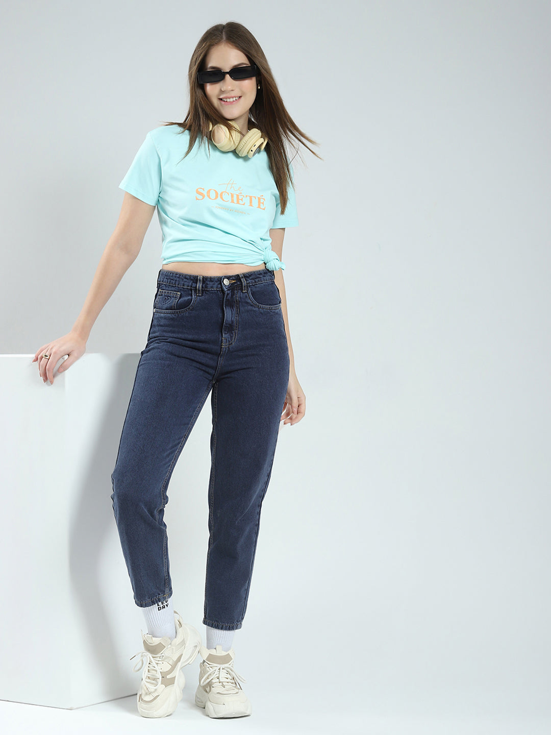 Women Blue Printed Round Neck Half Sleeve Top