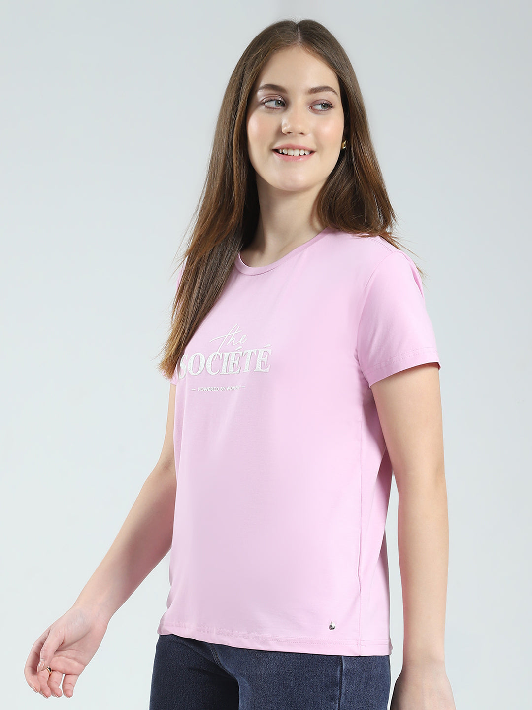 Women Purple Printed Round Neck Half Sleeve Top