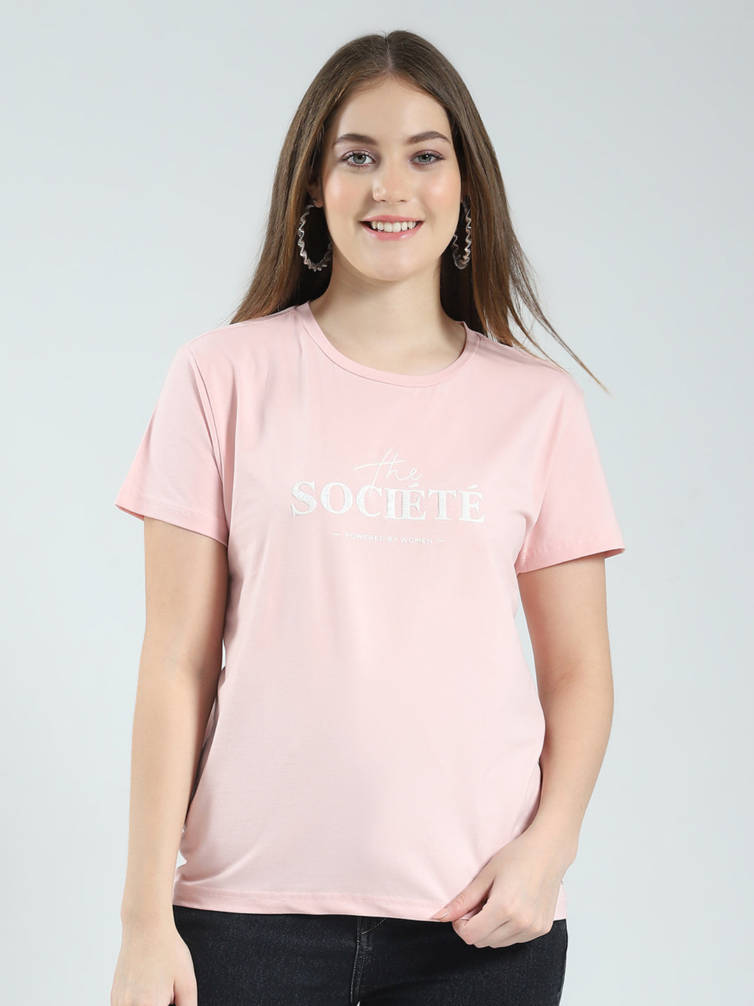Women Peach Printed Round Neck Half Sleeve Top