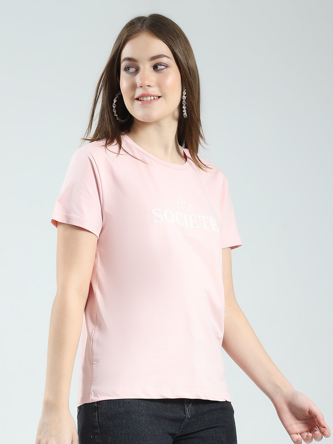 Women Peach Printed Round Neck Half Sleeve Top