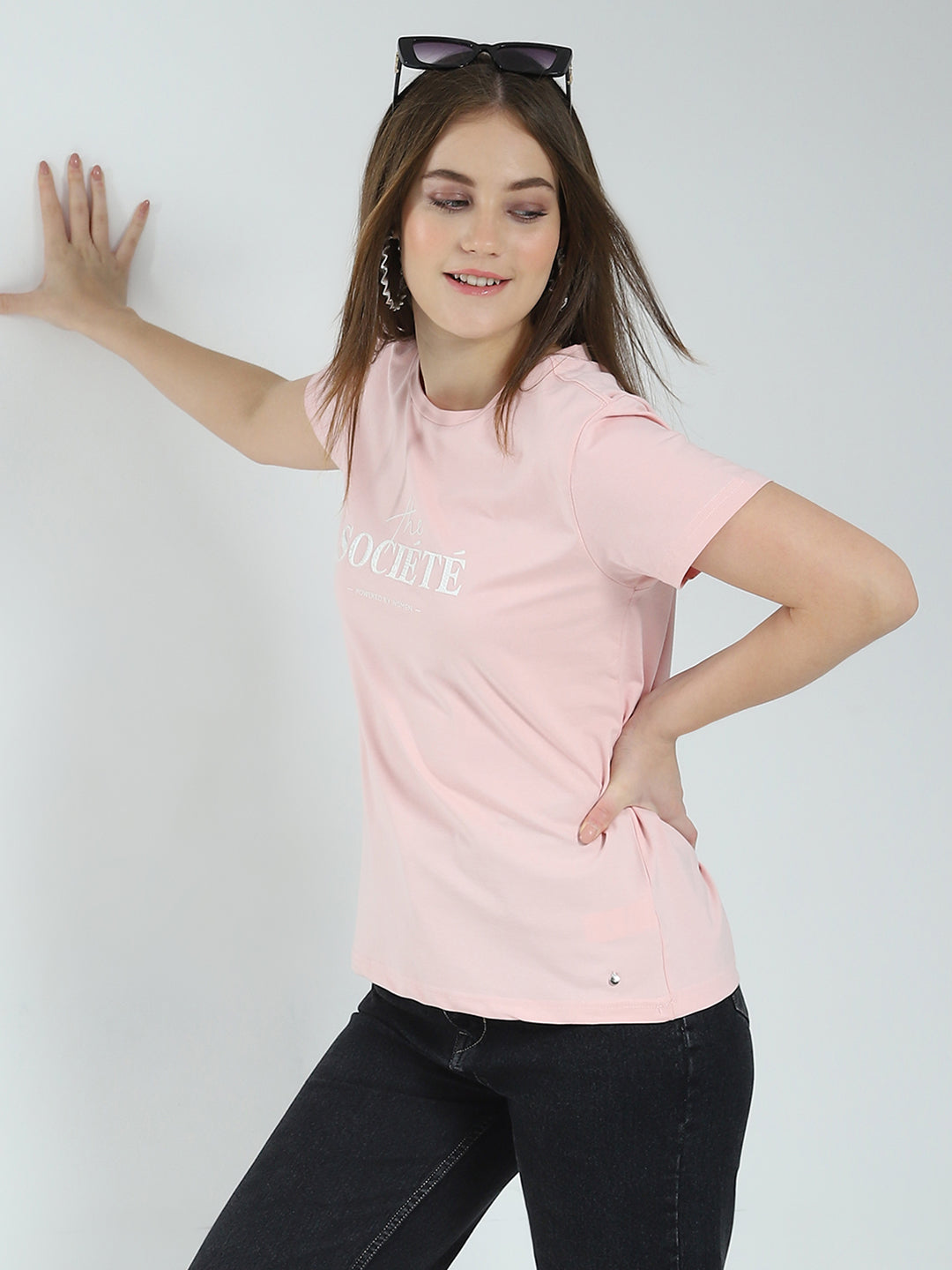 Women Peach Printed Round Neck Half Sleeve Top