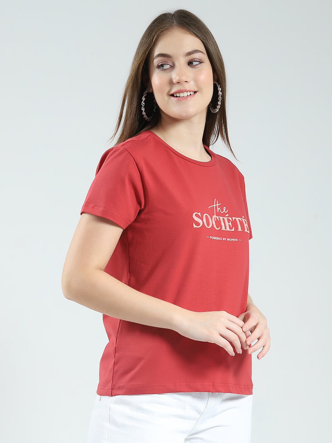 Women Rust Printed Round Neck Half Sleeve Top