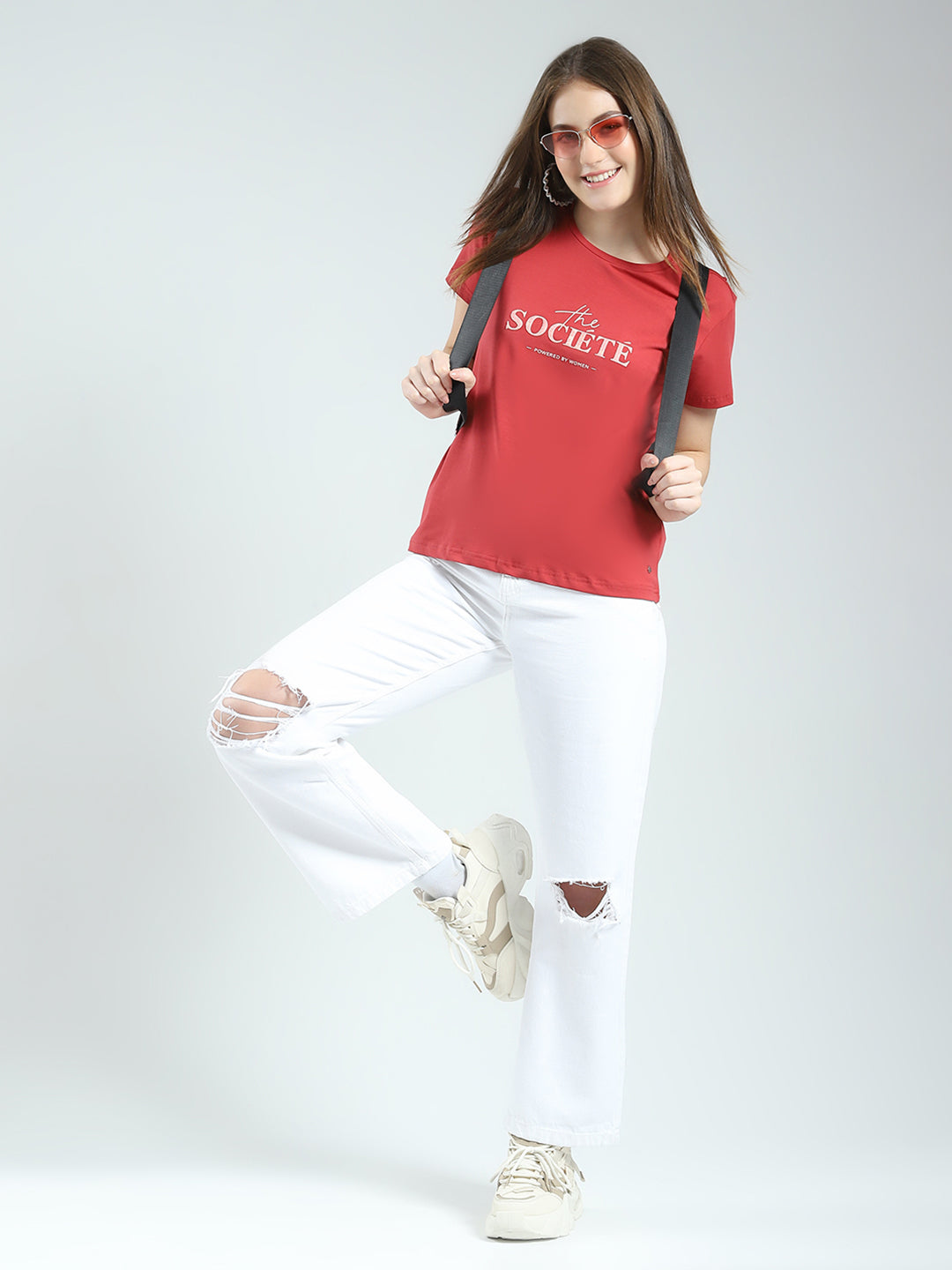 Women Rust Printed Round Neck Half Sleeve Top