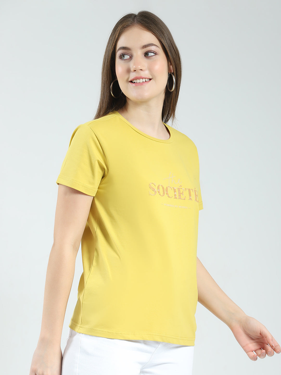 Women Mustard Printed Round Neck Half Sleeve Top