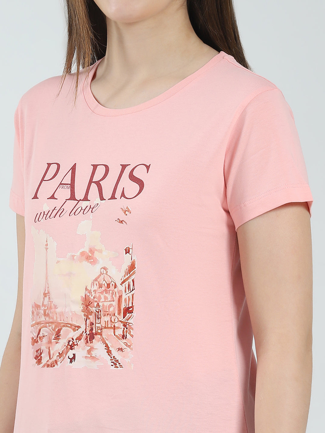 Women Navy Blue & Peach Printed Round Neck Half Sleeve Top (Pack of 2)