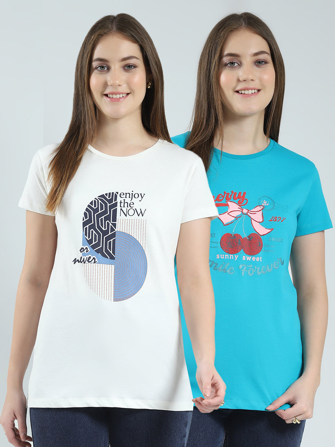 Women Off White & Blue Printed Round Neck Half Sleeve Top (Pack of 2)