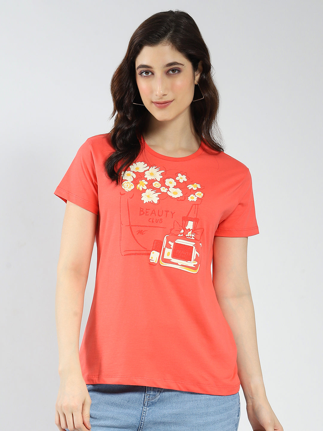 Women Coral & Mustard Printed Round Neck Half Sleeve Top 2Pc Set