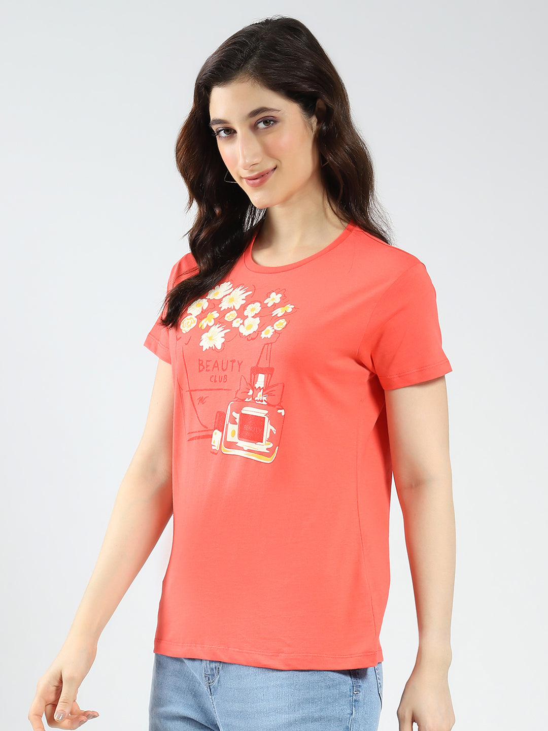 Women Coral & Mustard Printed Round Neck Half Sleeve Top 2Pc Set