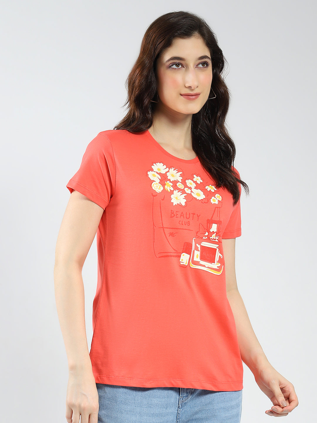 Women Coral & Mustard Printed Round Neck Half Sleeve Top 2Pc Set