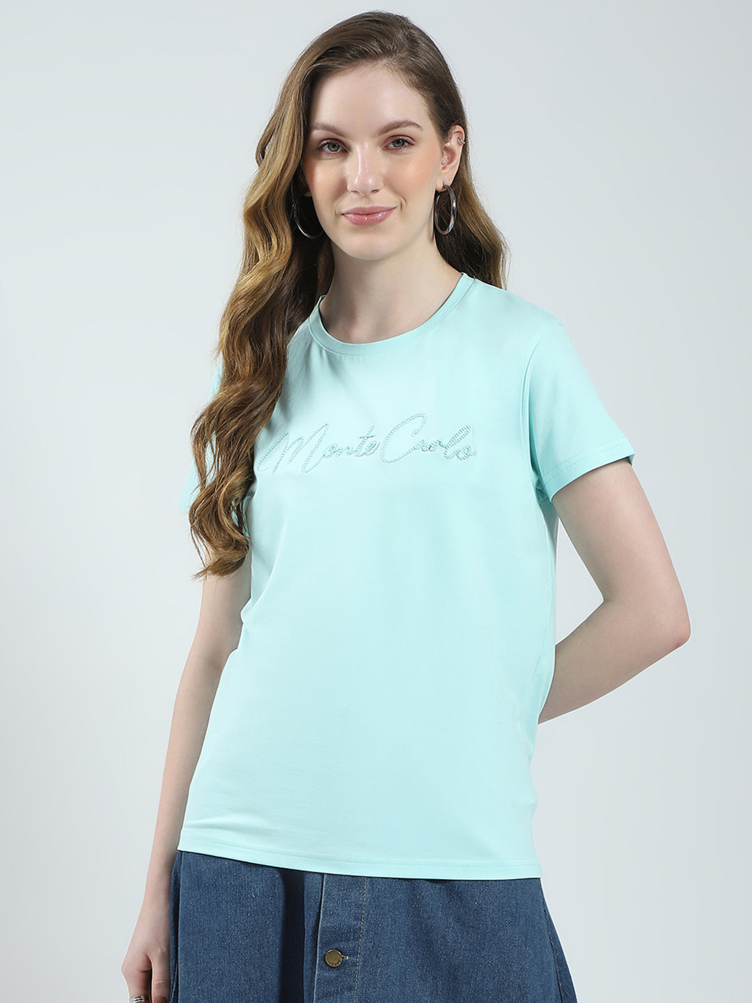 Women Blue Solid Round Neck Half Sleeve Top
