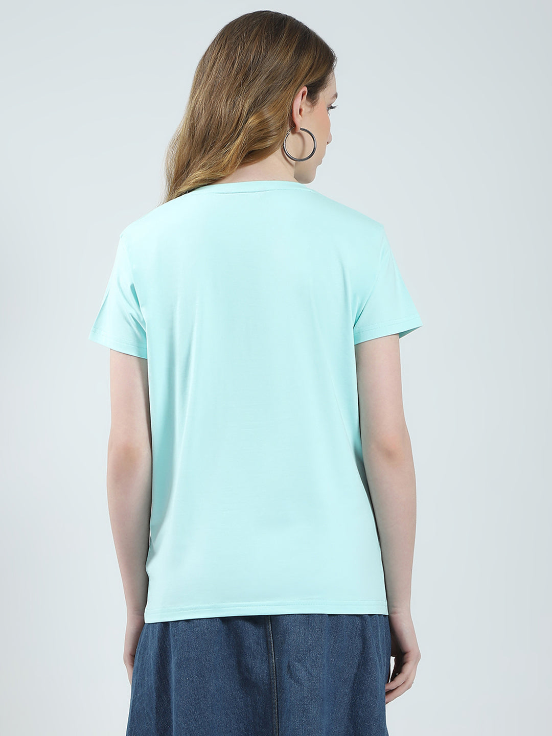 Women Blue Solid Round Neck Half Sleeve Top