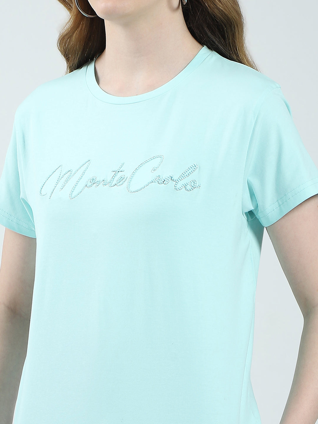 Women Blue Solid Round Neck Half Sleeve Top