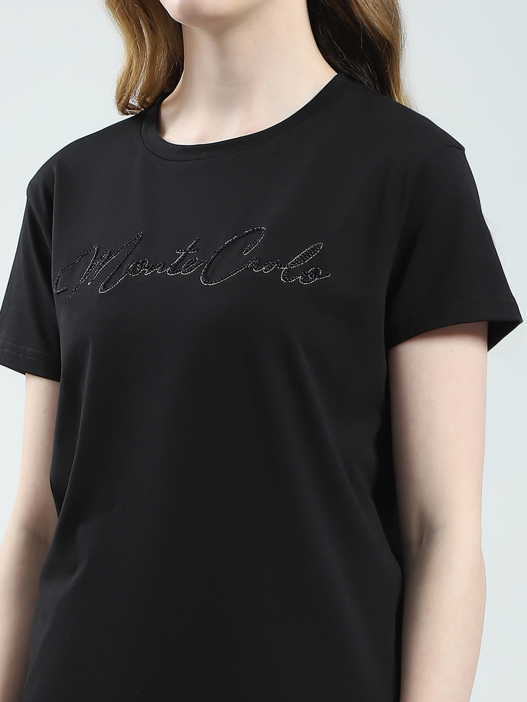 Women Black Solid Round Neck Half Sleeve Top