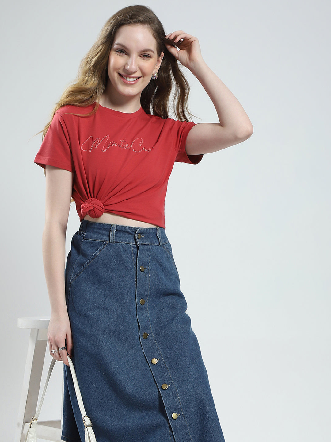 Women Rust Solid Round Neck Half Sleeve Top