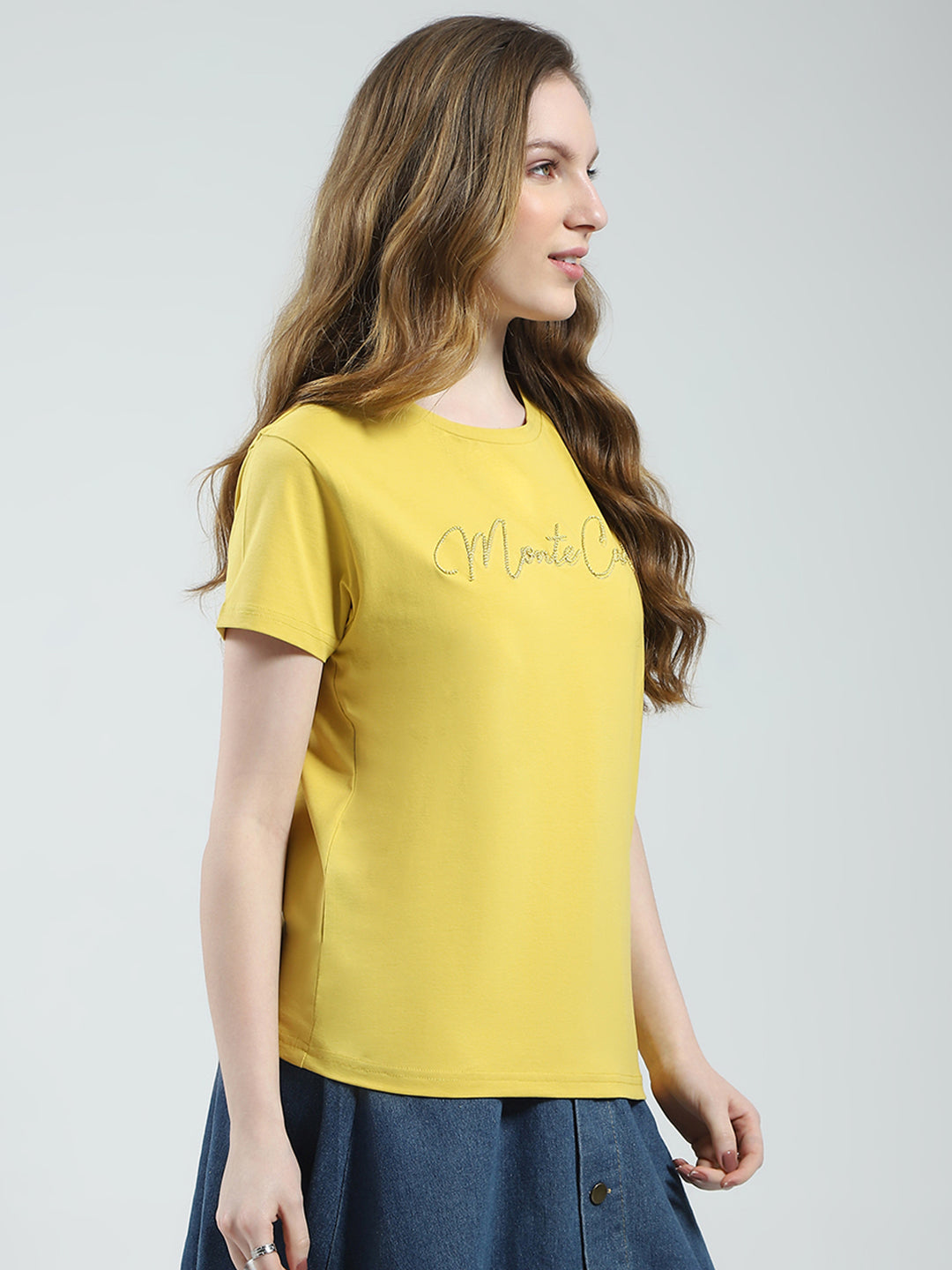 Women Mustard Solid Round Neck Half Sleeve Top