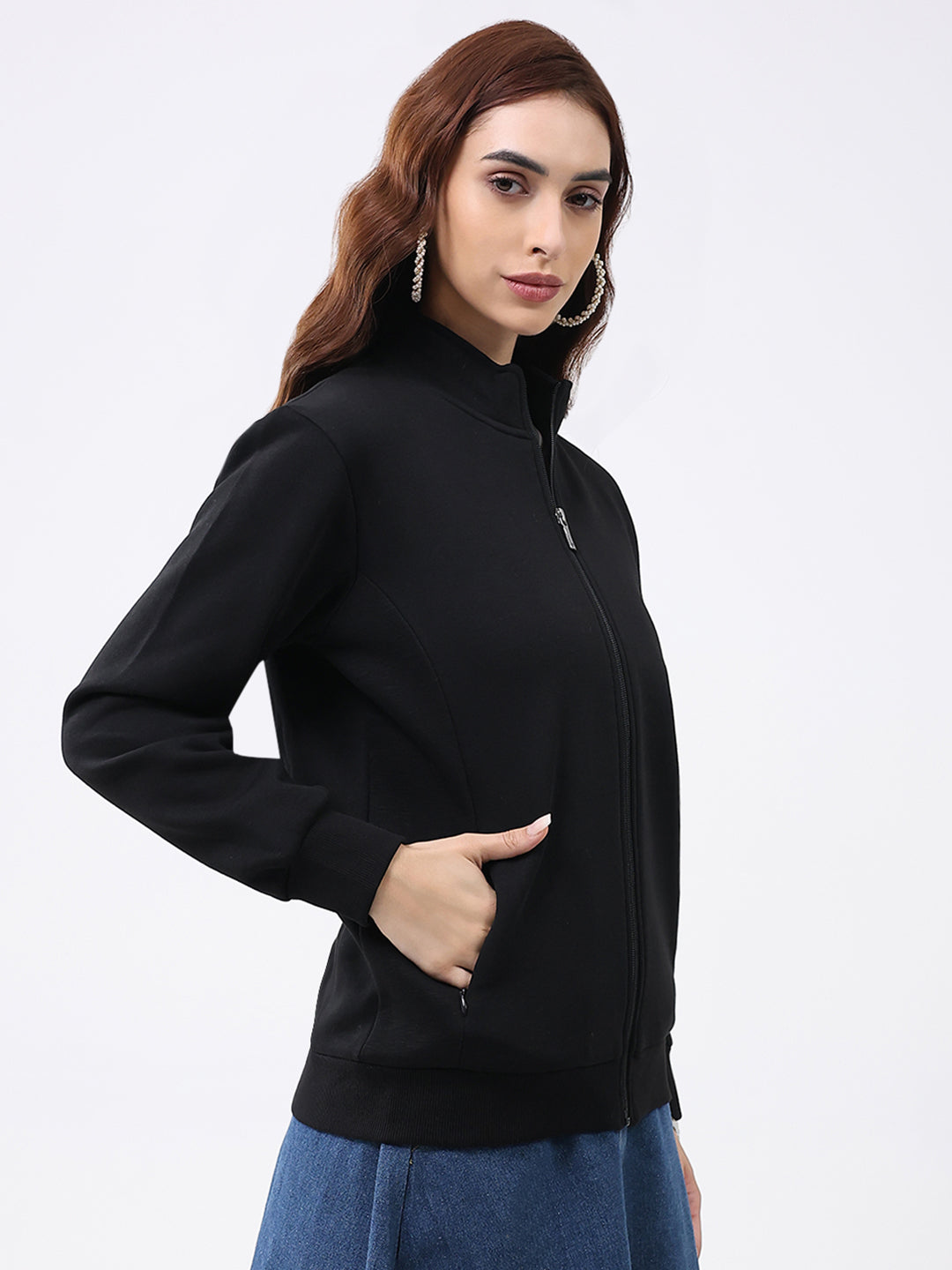 Women Black Solid Mock Neck Full Sleeve Sweatshirt