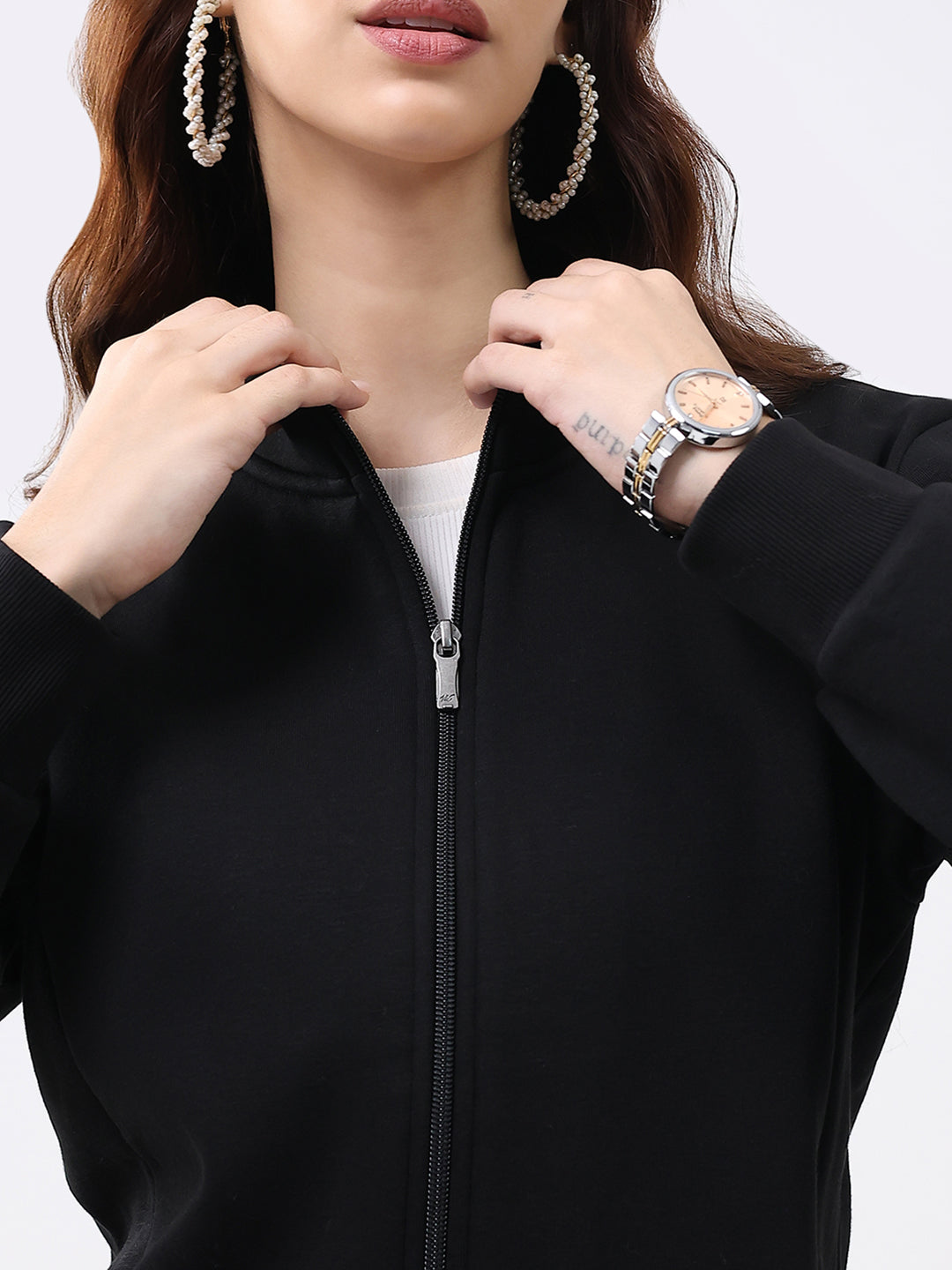 Women Black Solid Mock Neck Full Sleeve Sweatshirt