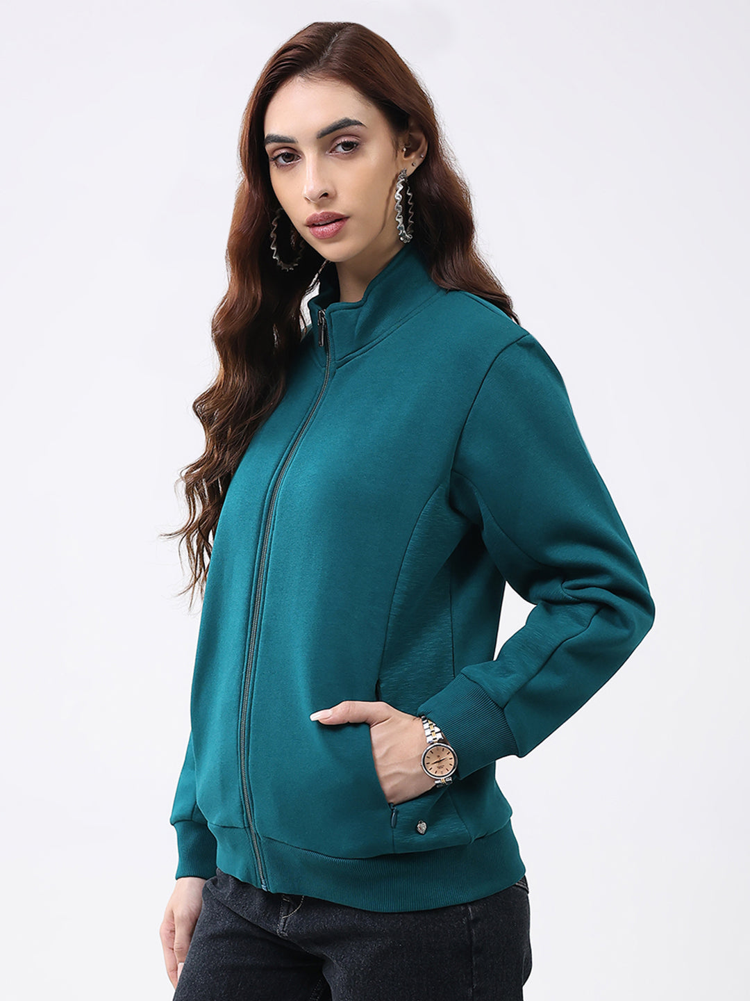 Women Teal Blue Solid Mock Neck Full Sleeve Sweatshirt