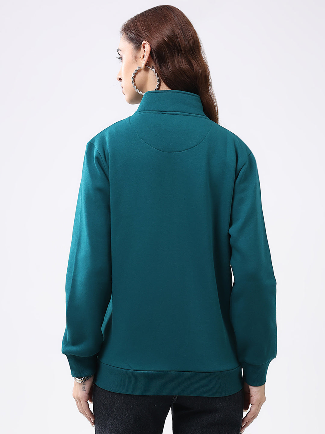 Women Teal Blue Solid Mock Neck Full Sleeve Sweatshirt