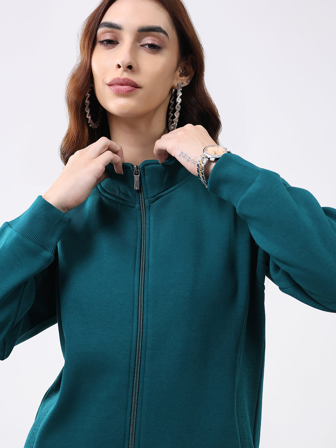 Women Teal Blue Solid Mock Neck Full Sleeve Sweatshirt