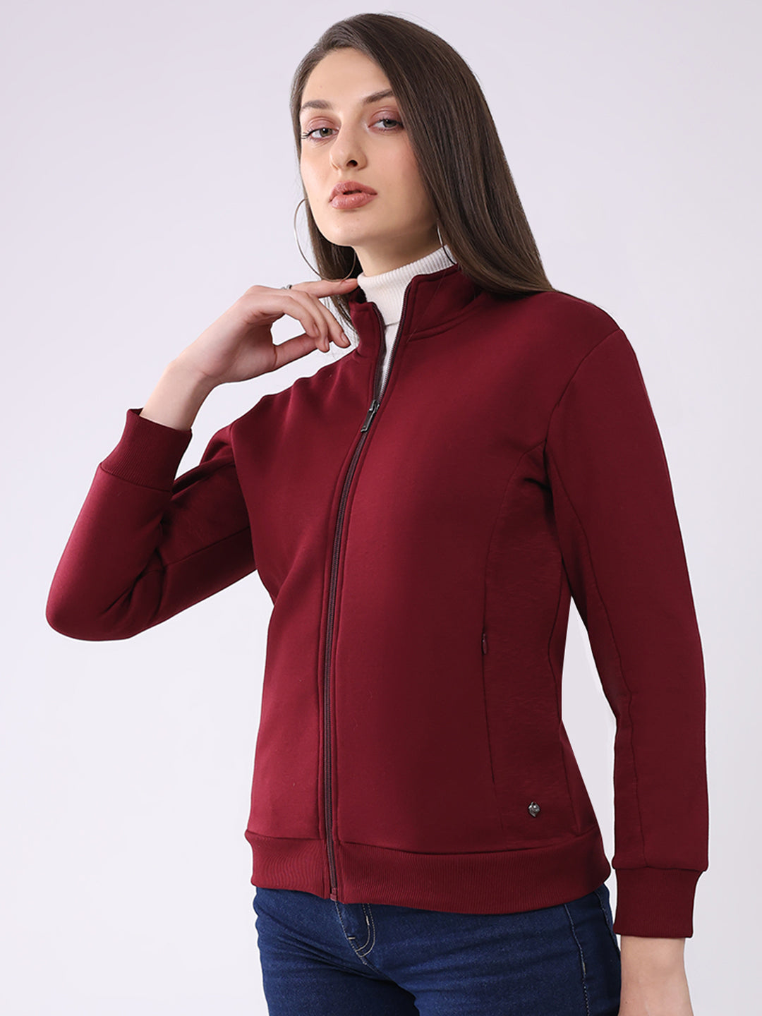 Women Maroon Solid Mock Neck Full Sleeve Sweatshirt