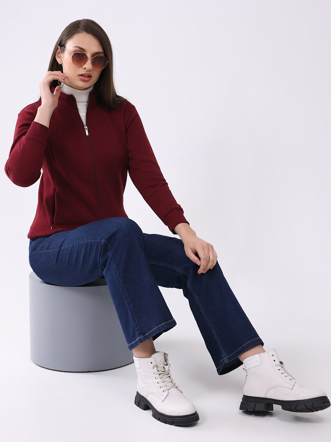 Women Maroon Solid Mock Neck Full Sleeve Sweatshirt
