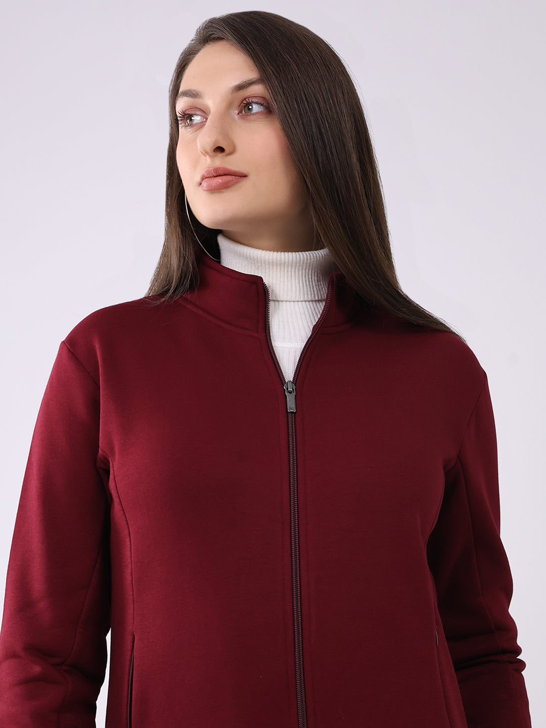 Women Maroon Solid Mock Neck Full Sleeve Sweatshirt