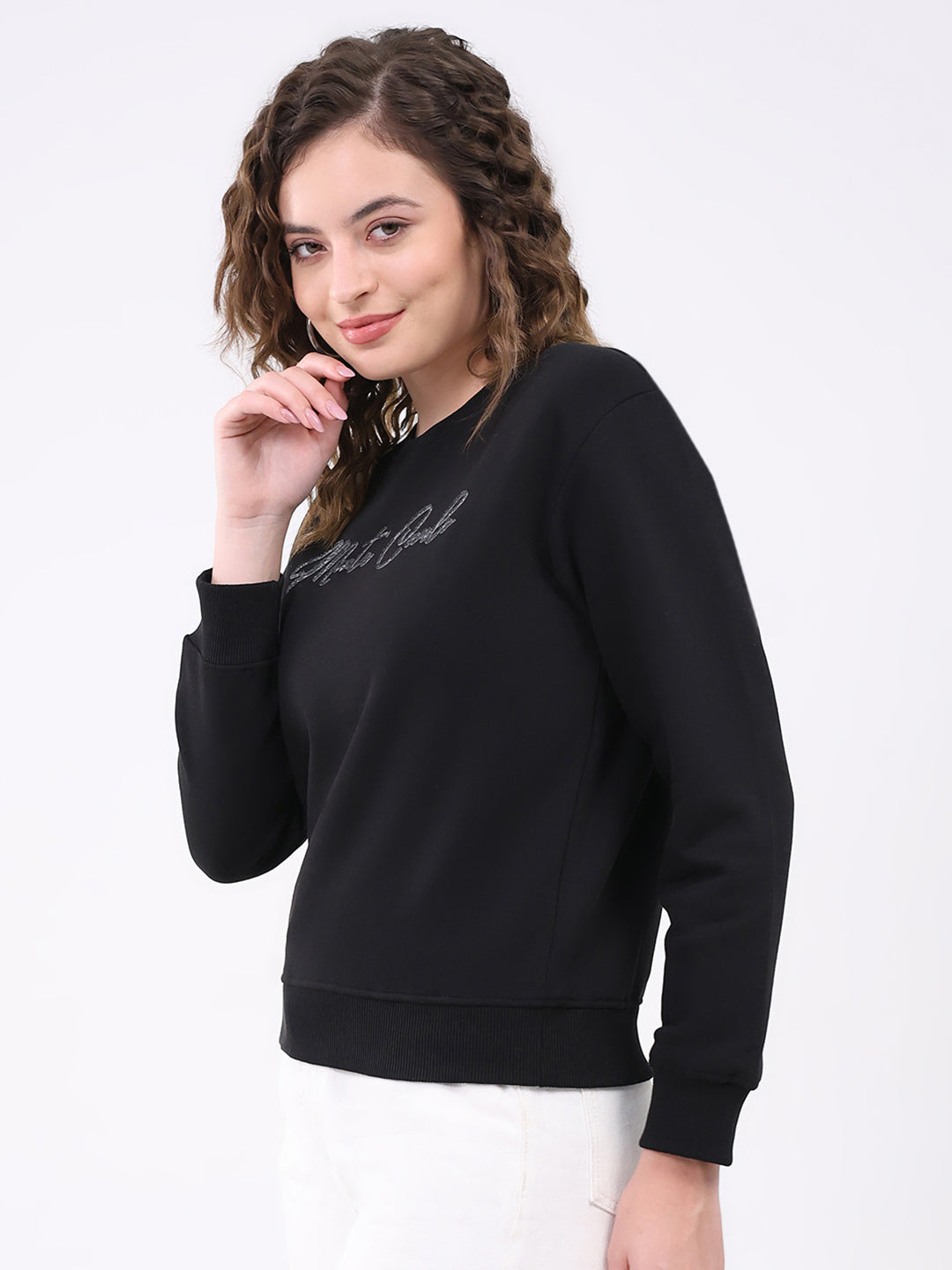 Women Black Printed Round Neck Full Sleeve Sweatshirt