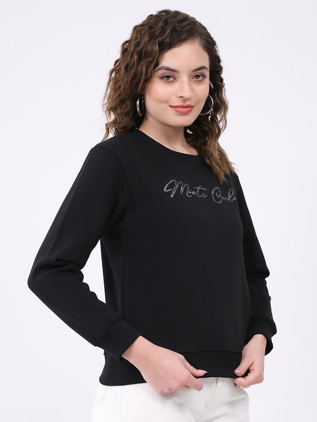 Women Black Printed Round Neck Full Sleeve Sweatshirt