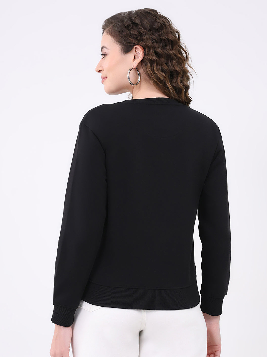 Women Black Printed Round Neck Full Sleeve Sweatshirt