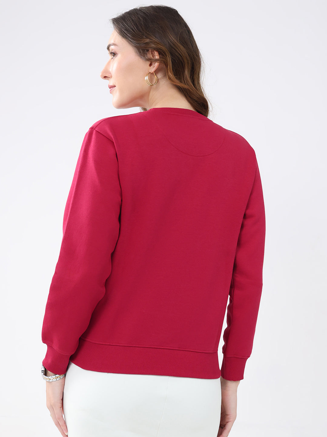 Women Maroon Solid Round Neck Full Sleeve Sweatshirt