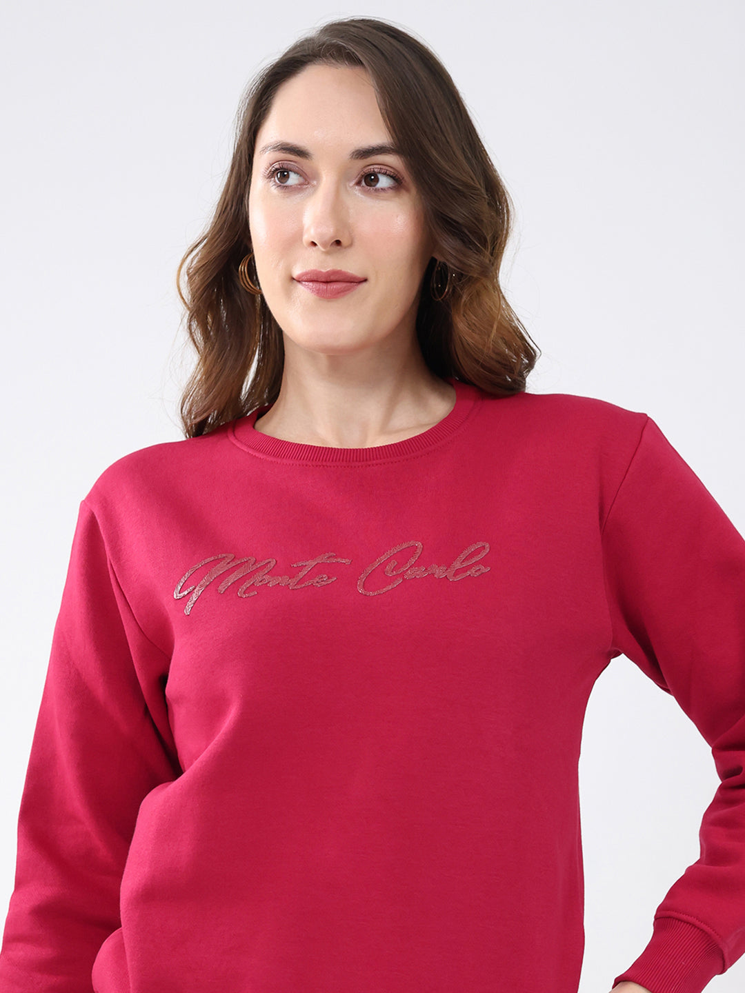 Women Maroon Solid Round Neck Full Sleeve Sweatshirt