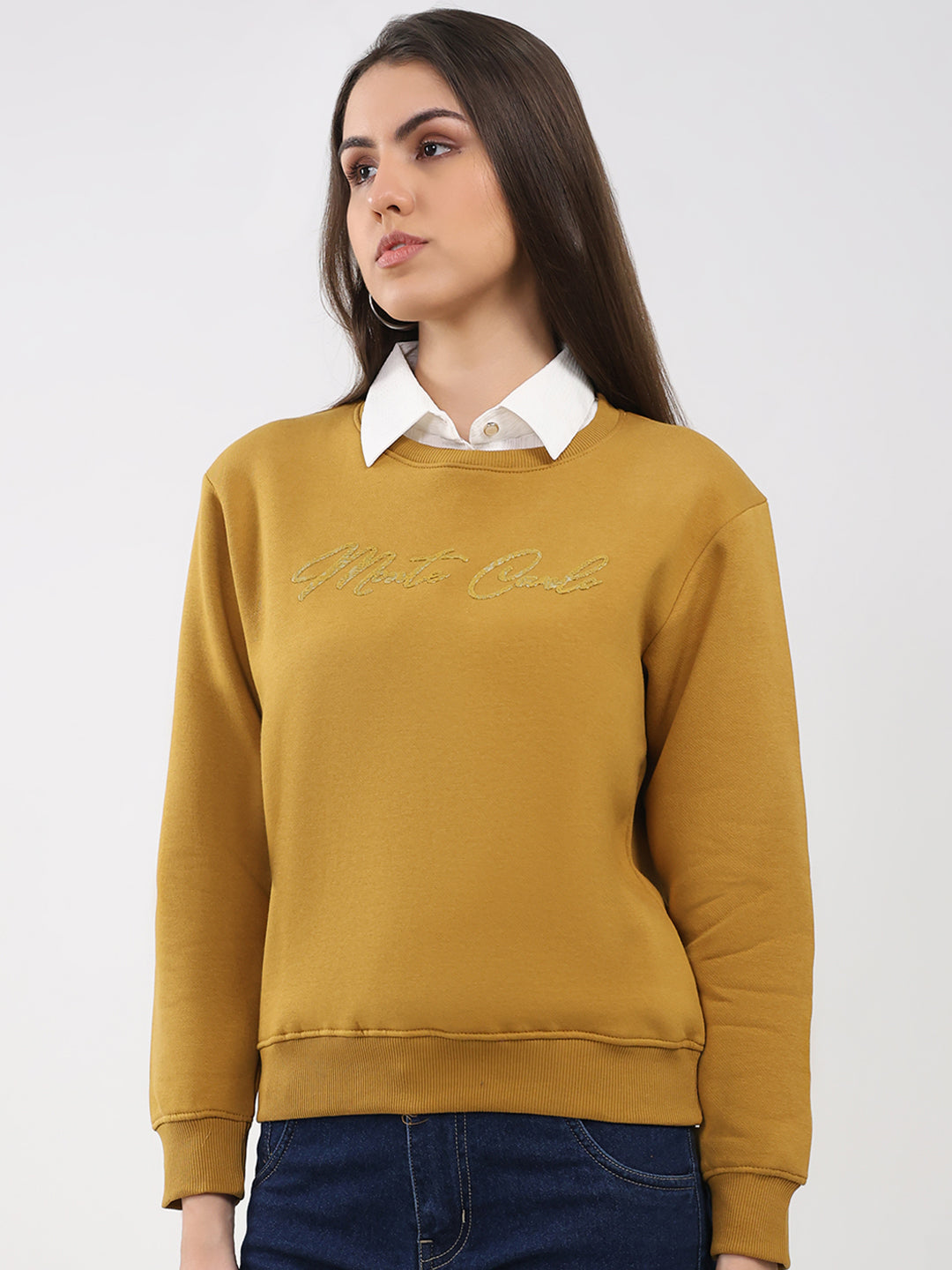 Women Mustard Printed Round Neck Full Sleeve Sweatshirt