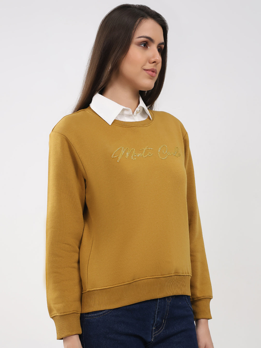 Women Mustard Printed Round Neck Full Sleeve Sweatshirt