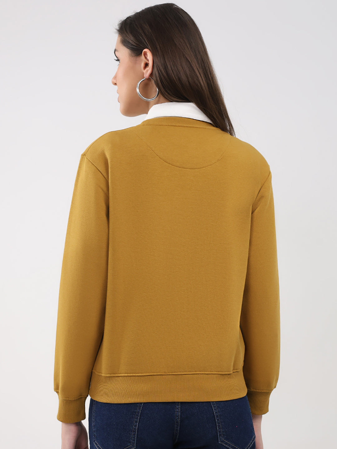 Women Mustard Printed Round Neck Full Sleeve Sweatshirt