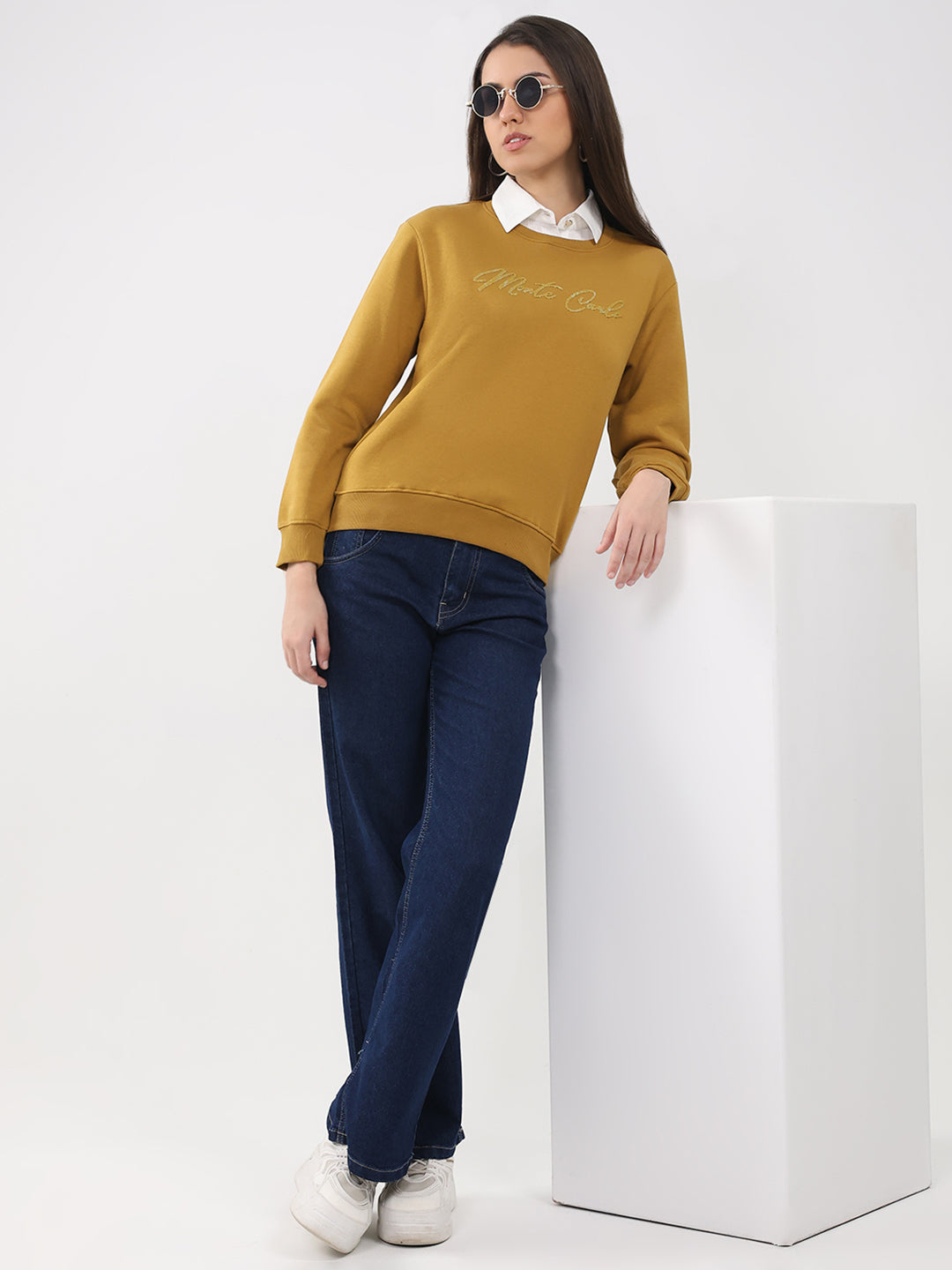 Women Mustard Printed Round Neck Full Sleeve Sweatshirt