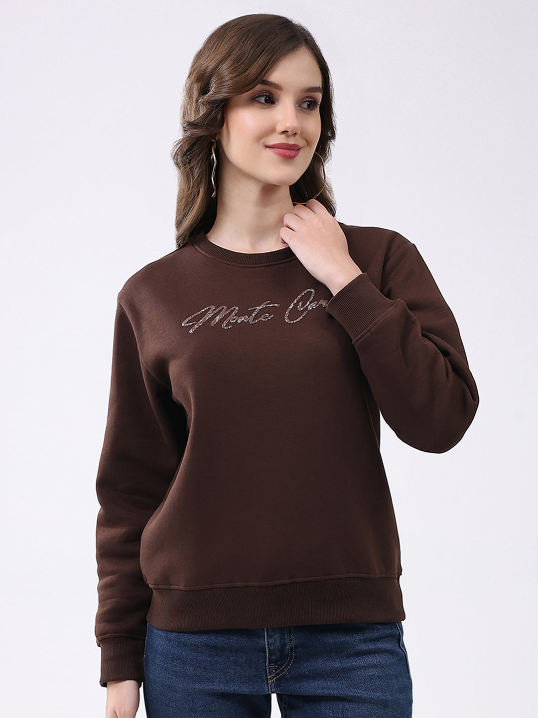Women Brown Printed Round Neck Full Sleeve Sweatshirt