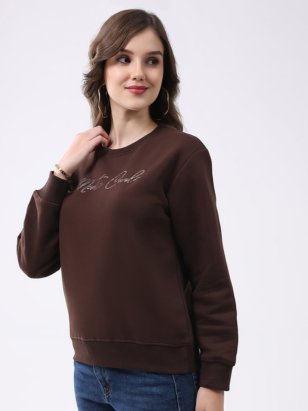Women Brown Printed Round Neck Full Sleeve Sweatshirt