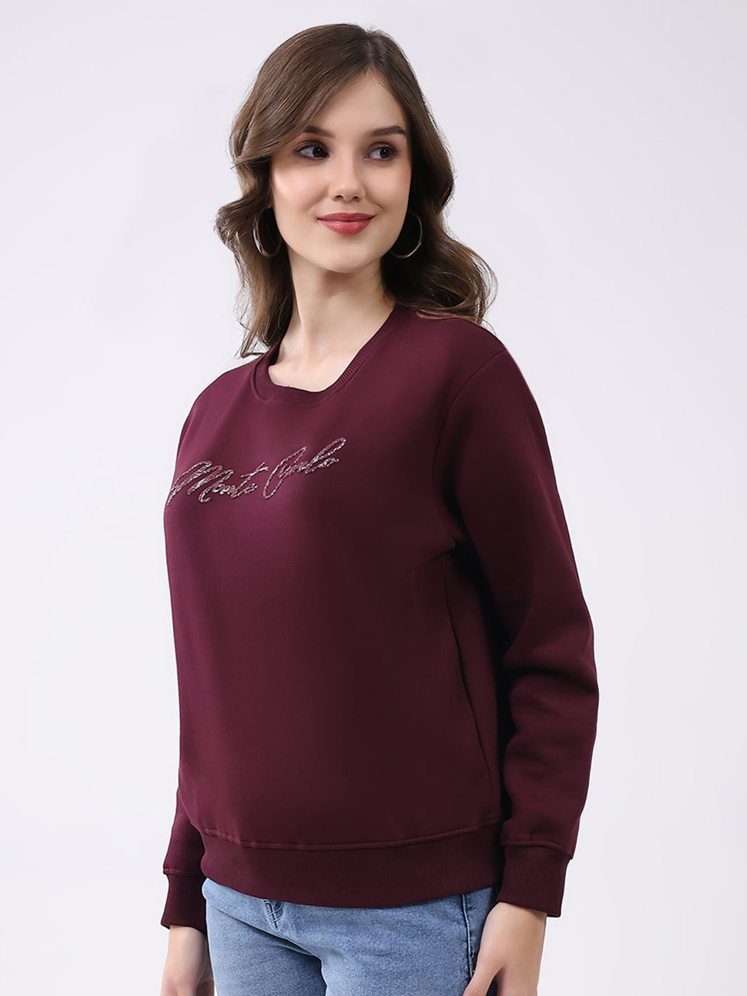 Women Maroon Printed Round Neck Full Sleeve Sweatshirt