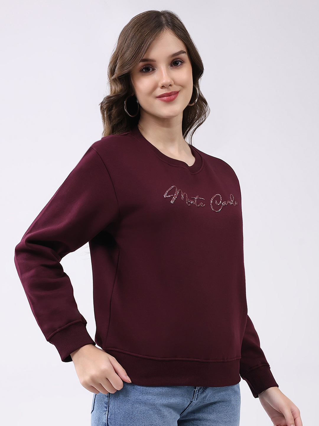 Women Maroon Printed Round Neck Full Sleeve Sweatshirt