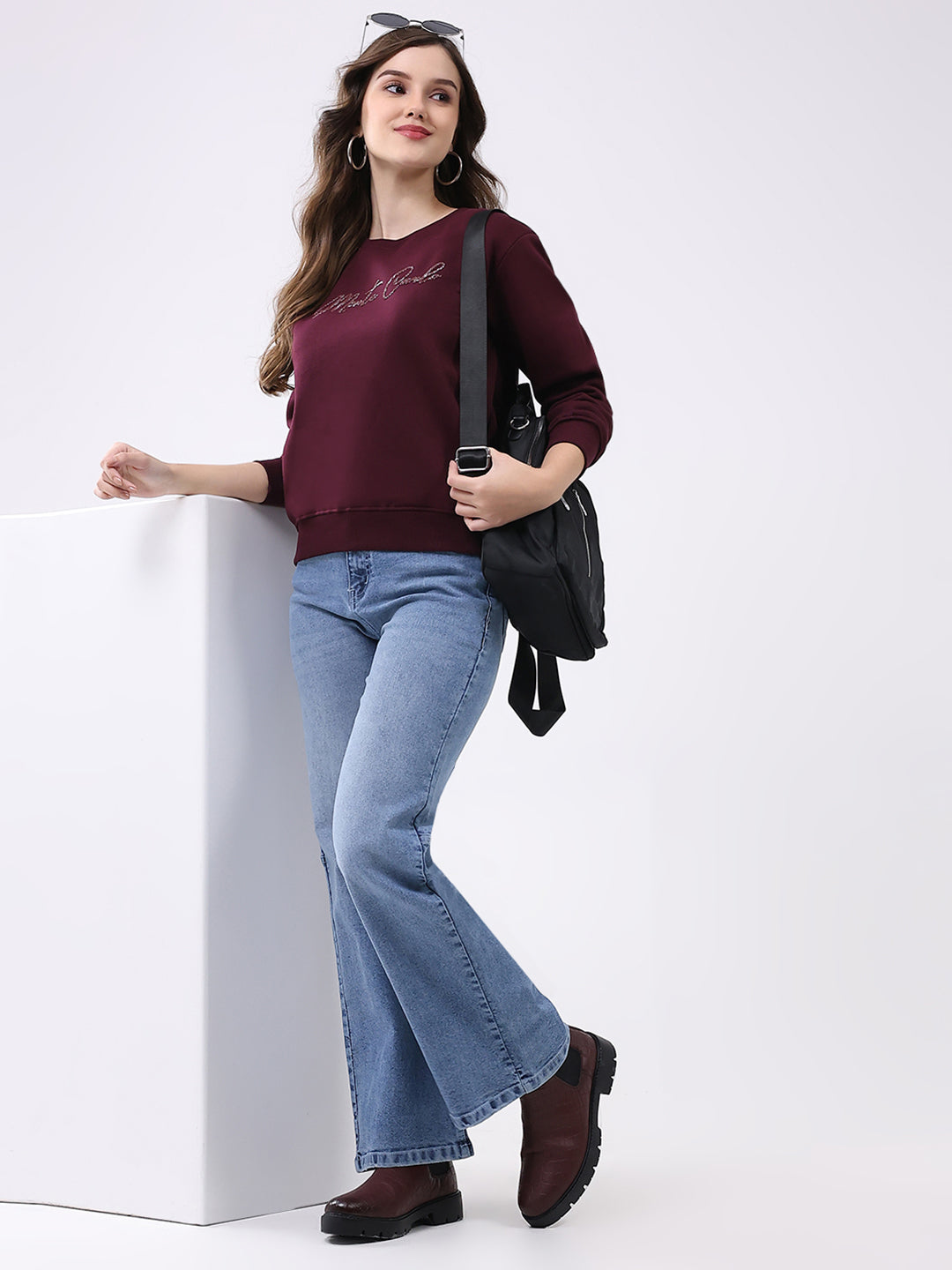 Women Maroon Printed Round Neck Full Sleeve Sweatshirt