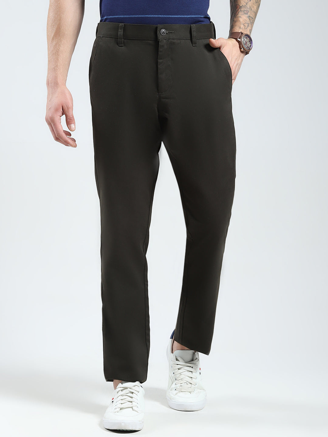 Men Olive Solid Regular Fit Trouser