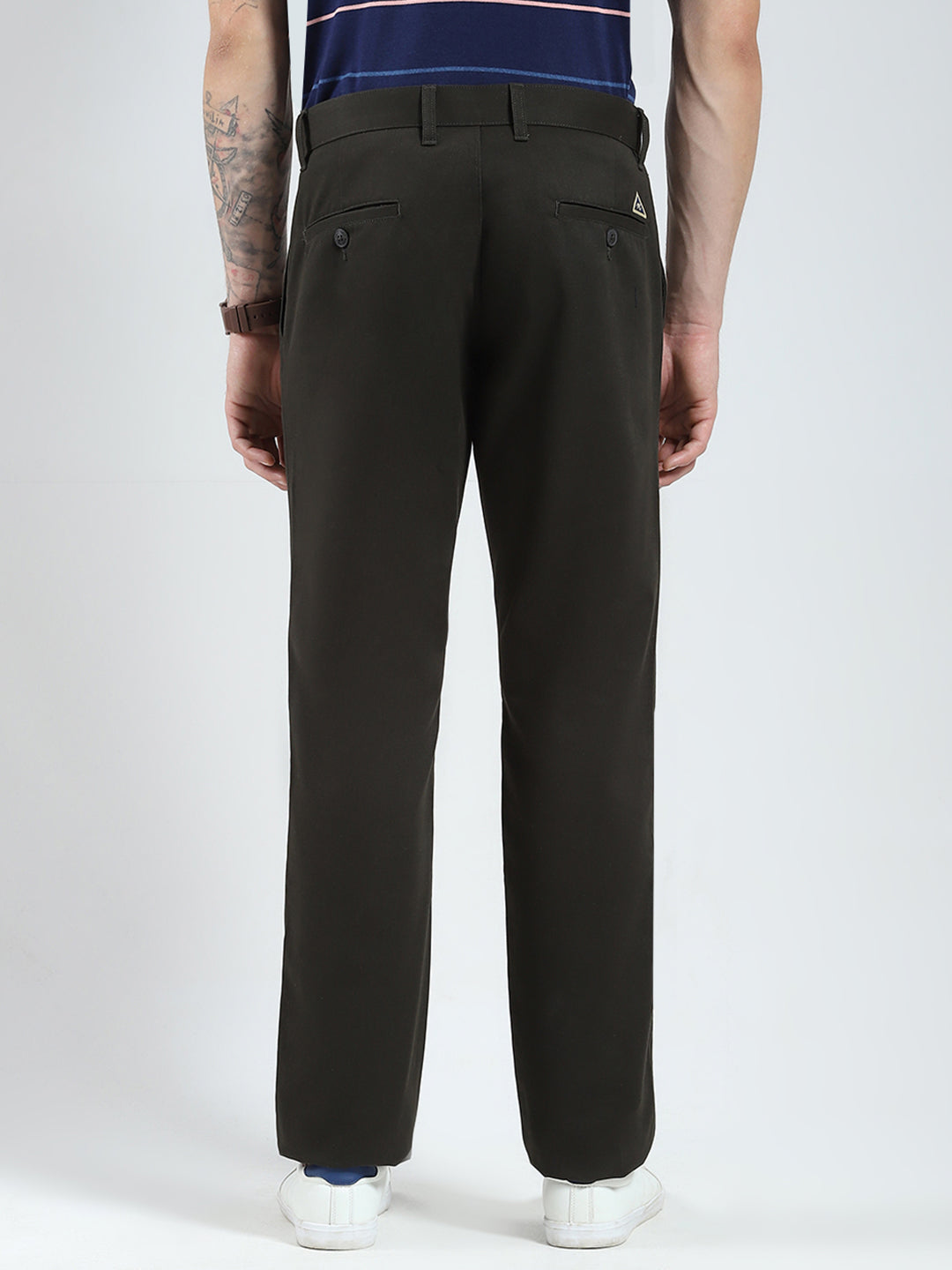 Men Olive Solid Regular Fit Trouser