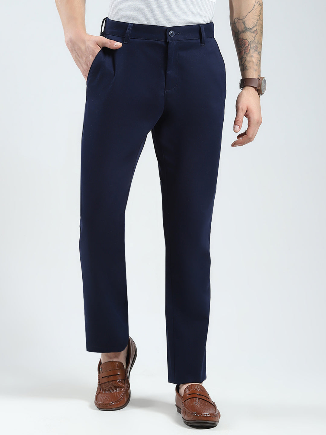 Men Navy Blue Solid Regular Fit Trouser