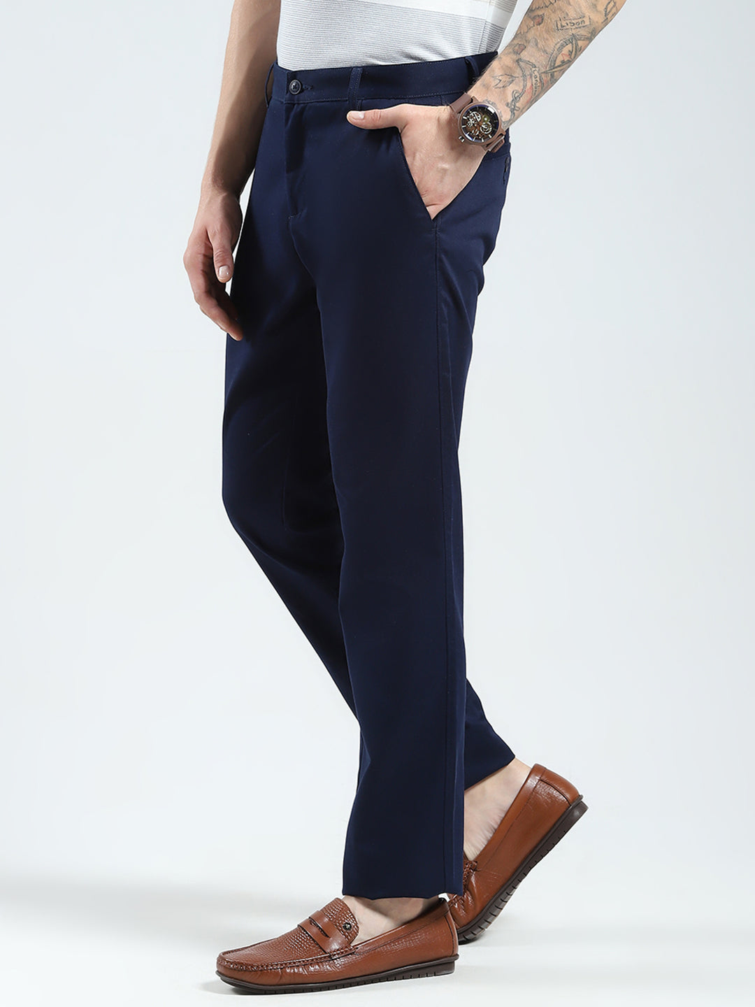 Men Navy Blue Solid Regular Fit Trouser