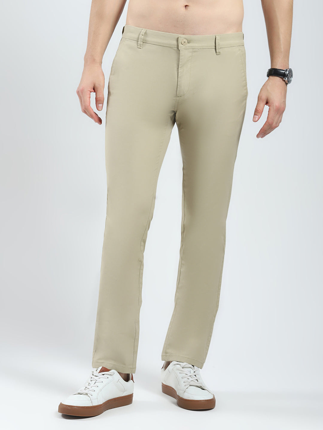 Men Khaki Solid Slim Fit Trouser