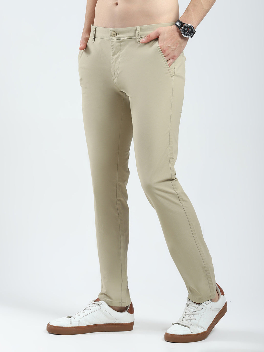 Men Khaki Solid Slim Fit Trouser