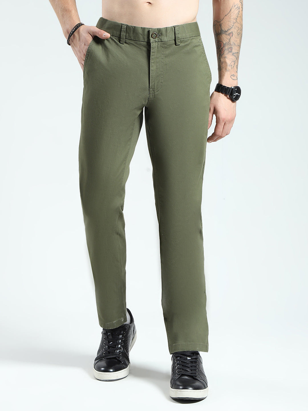 Men Olive Solid Slim Fit Trouser