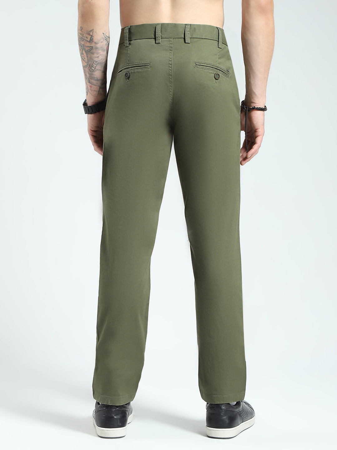 Men Olive Solid Slim Fit Trouser