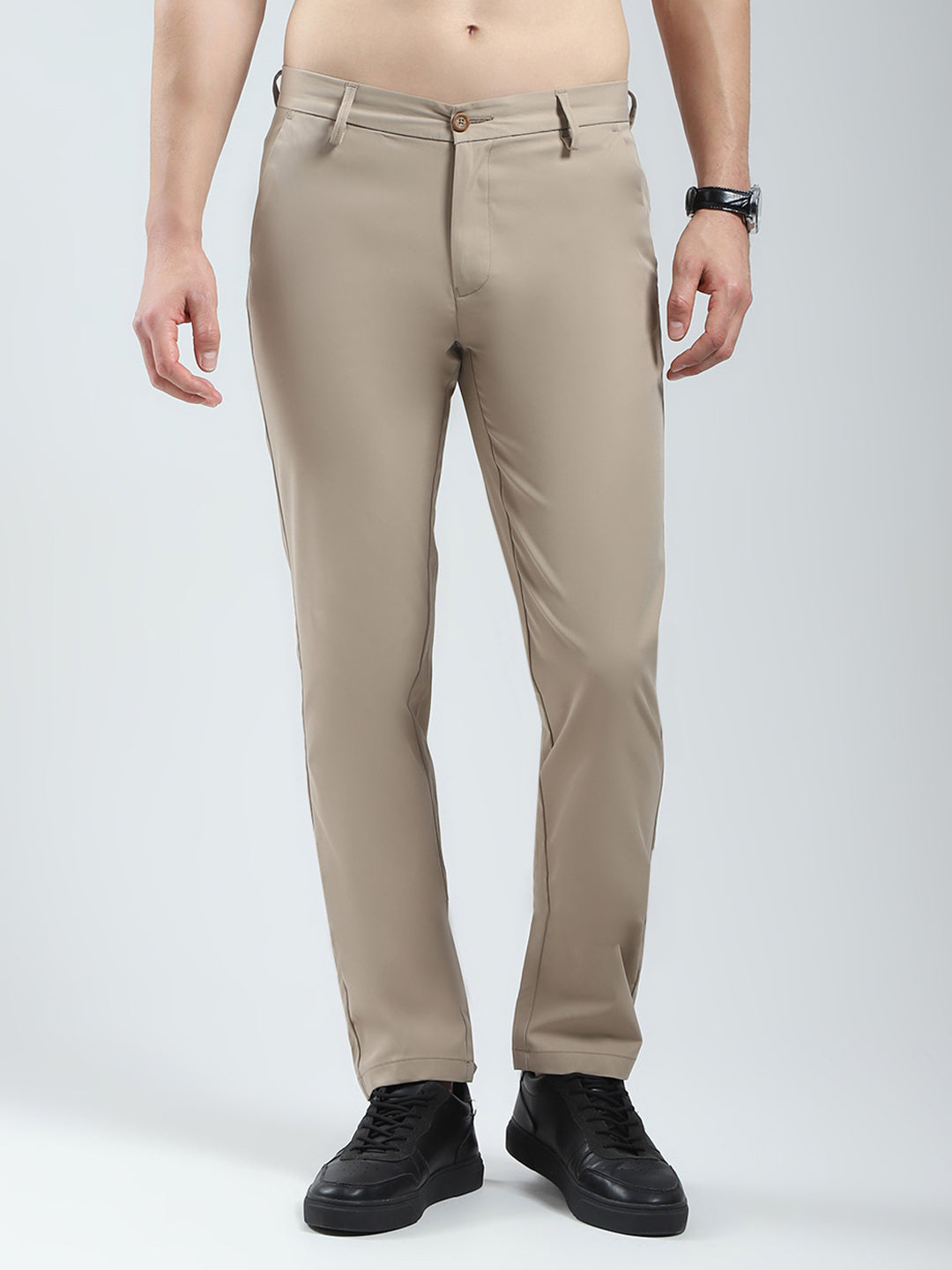 Men Khaki Solid Slim Fit Trouser